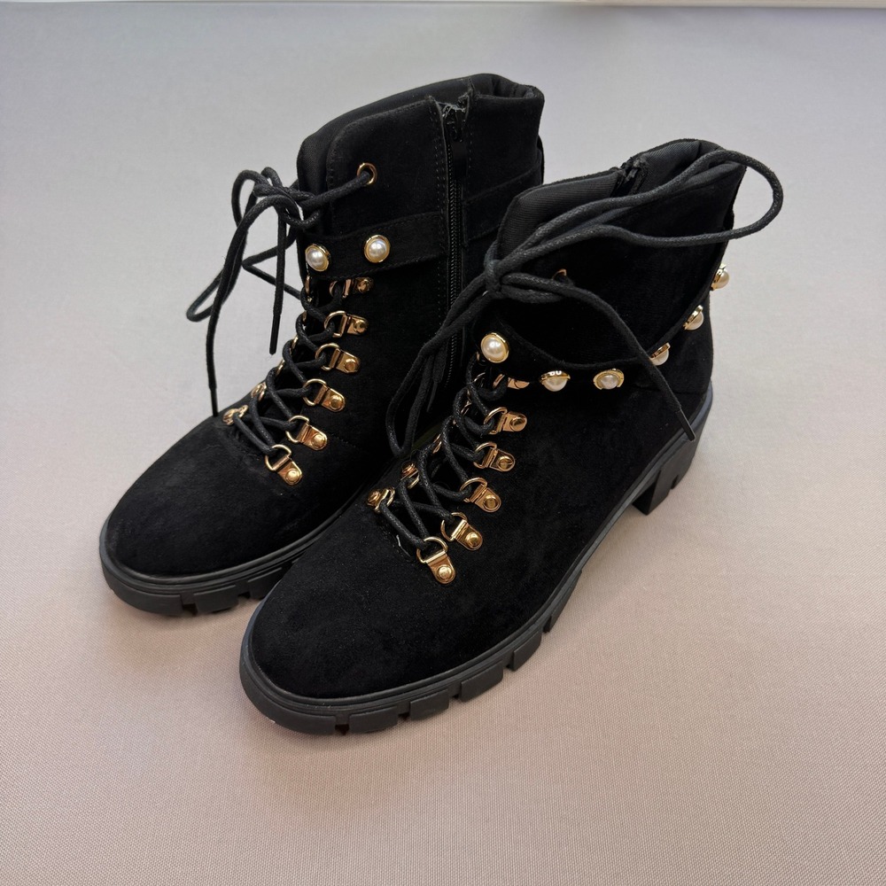 Rachelly Black Faux Suede Pearl Embellished Lug Sole Combat Boots Womens 9.5M